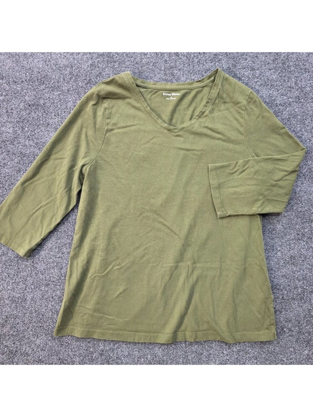 Studio Works Cotton V Neck 3/4 Sleeve Top M Olive Minimalist Utility Casual
